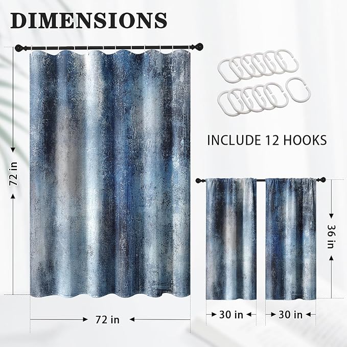 Culudea Blue Grey Gray Painting Shower Curtain Set, Contemporary Abstract Modern Oil Art Bathroom Window Waffle Cloth Waterproof Shower Curtains for Bathroom Decor
