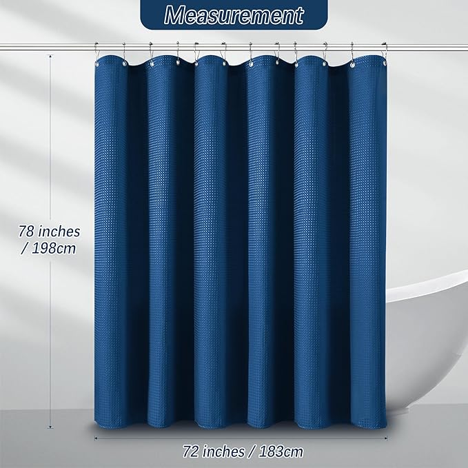 PANGSINNE Shower Curtain Classic Blue Waffle Textured, 256GSM Heavy Duty Weighted Fabric Shower Curtains, Hotel Quality Luxury Polyester Water Repellent Bathroom Curtain with 12 Hooks, 72Wx78H