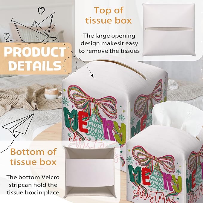 Merry Christmas Tissue Box Holder, Bow Christmas Tree Leather Tissue Box Cover Square, Paper Facial Decorative Tissues Cover for Night Stands Bathroom Kitchen Office Home Decor-B28