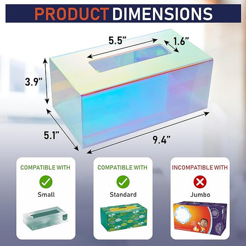 Acrylic Tissue Box Holder, Clear Dispenser for Facial Tissues, Napkins, and Dryer Sheets. Perfect for Bathrooms, Desks, Countertops, Vanities, Bedrooms, and Nightstands (Rectangle, Iridescent)