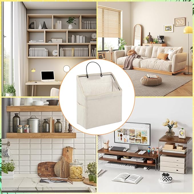 STARVAST 8Pcs Wall-Hanging Storage Bags, Desktop Organizer Basket, Door Organizer Basket, Bathroom Closet Hanging Storage Bag Waterproof Linen Cotton for Kitchen, Bedroom, Living Room, 8Hooks(White)