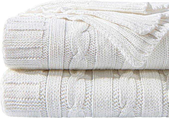 NTBAY 100% Pure Cotton Oversize (60x80) Cable Knit Throw Blanket, Super Soft Warm Knitted Throw Blanket for Bed, Sofa, Chair, Couch - Extra Cozy, Machine Washable, Comfortable Home Decor, White