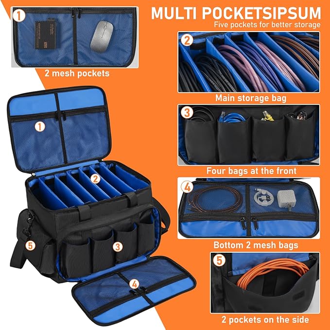 IBVIVIC Cable File Bag With Adjustable Dividers Dj Gig Bag for Cables, Cords,DJ Gear,Sound Instrument and Accessories 16L x 11W x 12H inch, Blue