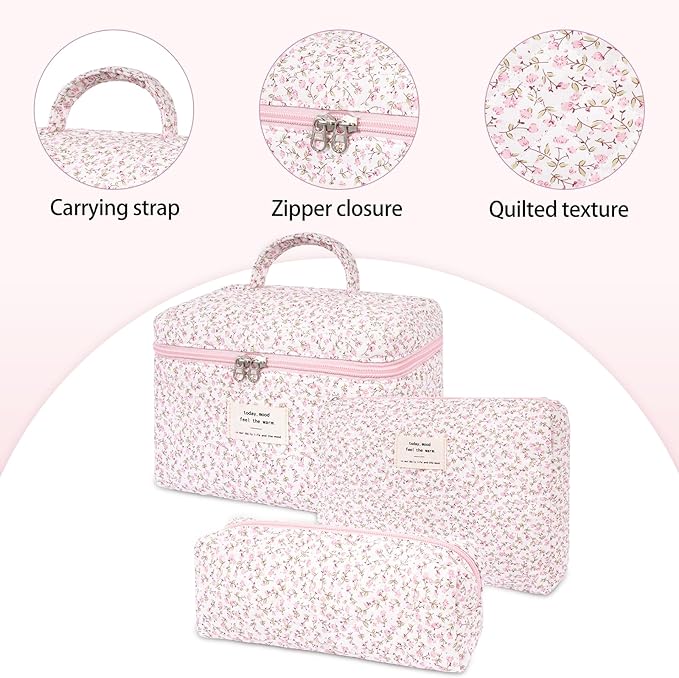 SXS LACONIC 3PCS Quilted Makeup Bag Set, Cosmetic Pouch for Women, Travel Toiletry Bags with Zipper Closure, Coquette Floral Make up Organizers
