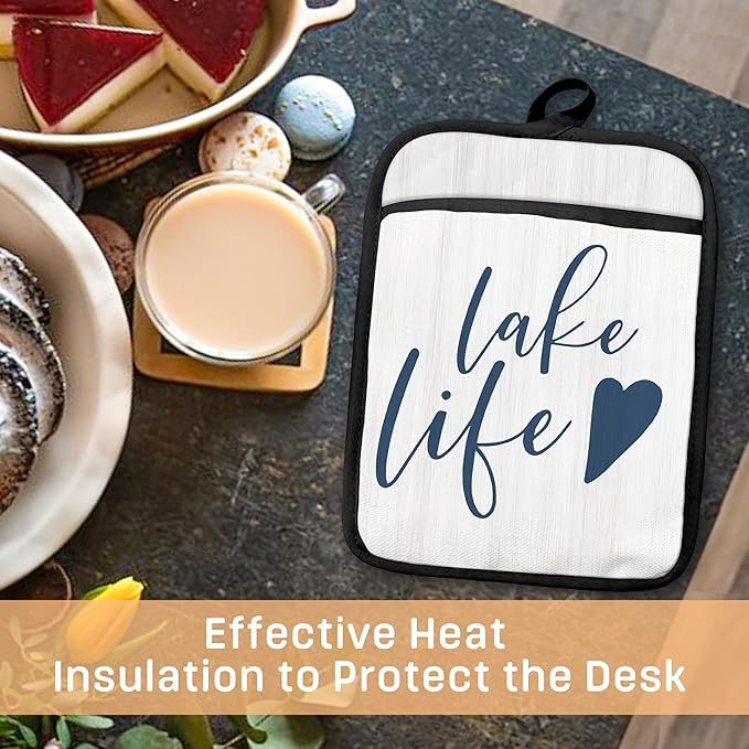 Lake Life Gifts Pot Holders with Pockets, Lake Life House Gifts for Cabin Owners Women Oven Pot Holders Heat Resistant Oven Mitts Hot Pads for Kitchen Baking Cooking (White)