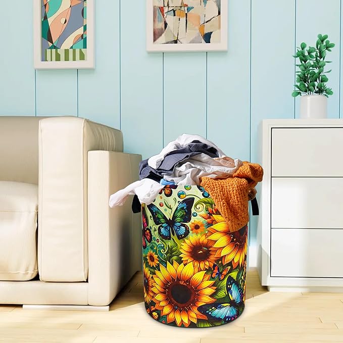 Beautiful Butterfly Sunflower Laundry Basket Oxford Cloth Laundry Hamper With Handle Foldable Portable Clothes Storage Basket 18.9 X 16.5 In Storage Bag For Laundry Room/Bathroom/Bedroom/Dormitories