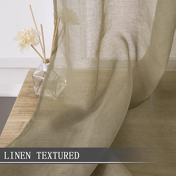 Tollpiz Short Sheer Curtains Living Room Linen Textured Curtain Sheers Light Filtering Voile Rod Pocket Curtains for Bedroom, 38 x 45 inches Long, Taos Taupe, Set of 2 Panels