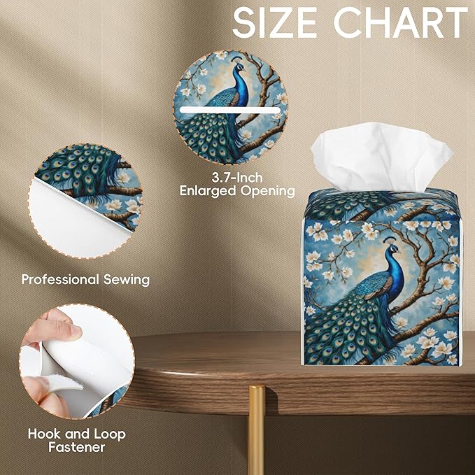 Tissue Box Cover Leather Tissue Box Holder Cube Tissue Case Cover Facial Paper Organizer Dispenser for Bathroom, Vanity Countertop, Office Desk (Peacock Perched on Branch with Flowers)