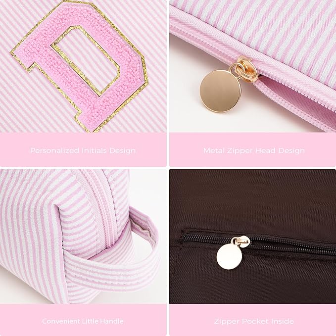 Btffitting Personalized Makeup Bag for Women Girls - Fashion Cosmetic Bag Trendy Travel Toiletry Bag with Initials Letter - Teen Gifts - Pink,D