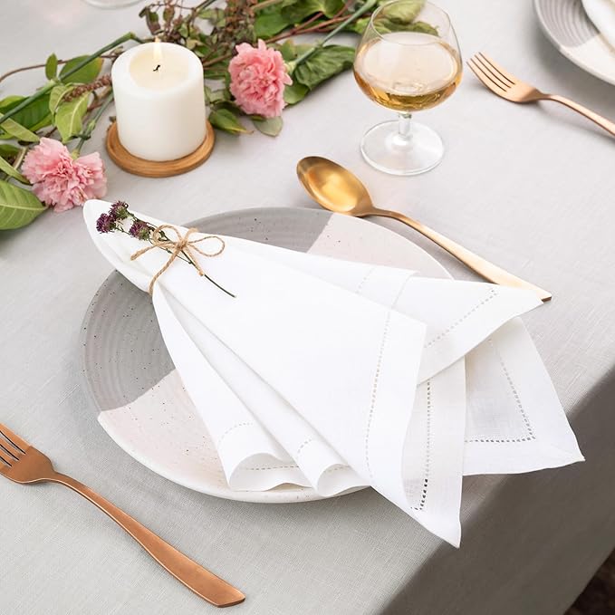 D'Moksha Homes White Linen Napkins Set of 6 - Classic Hemstitch 100% Pure Linen Hemstitch Dinner Napkins 20 x 20 Inch for Valentines, Spring, Easter - Handcrafted and Machine Washable
