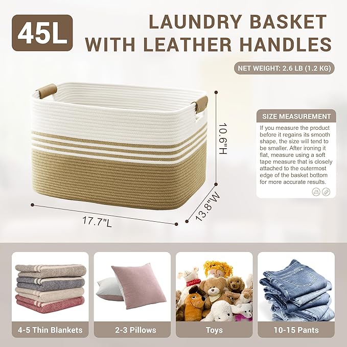 SunNewt 45L Small Laundry Basket with Leather Handles for Living Room Storage, Woven Rope Baskets Bin for Blanket, Kids Toy, Gifts, Wicker Hamper for Bedroom Dirty Clothes, 18"x14"x11" Khaki