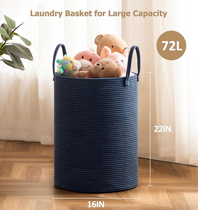 Laundry Basket, 72L Woven Laundry Hamper, Baby Nursery Hamper for Toys, Blanket Basket for Living Room, Clothes Hamper for Bedroom&Baby Room, Blue