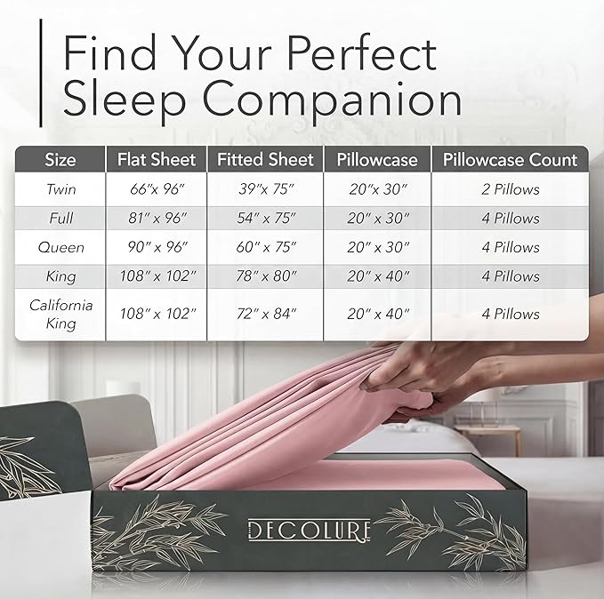 DECOLURE 100% Viscose Derived from Bamboo Sheets King Size - Luxury 6 Pc Naturally Cooling Sheets, Ultra Soft Bed Set - Deep 17" Pockets, Durable Double Stitching, Oeko Tex Standard (Light Pink)