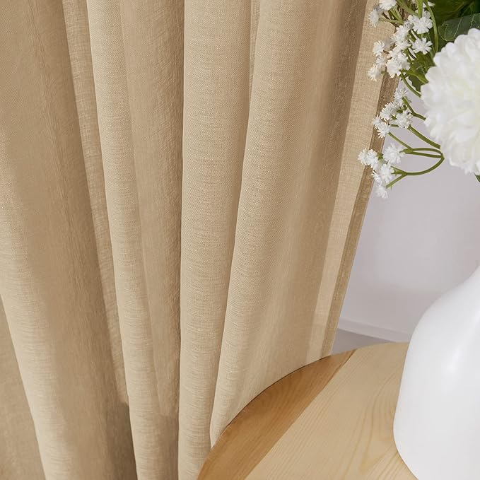 Tollpiz Short Sheer Curtains Linen Textured Living Room Curtain Sheers Light Filtering Rod Pocket Voile Curtains for Bedroom, 42 x 45 inches Long, Beige, Set of 2 Panels