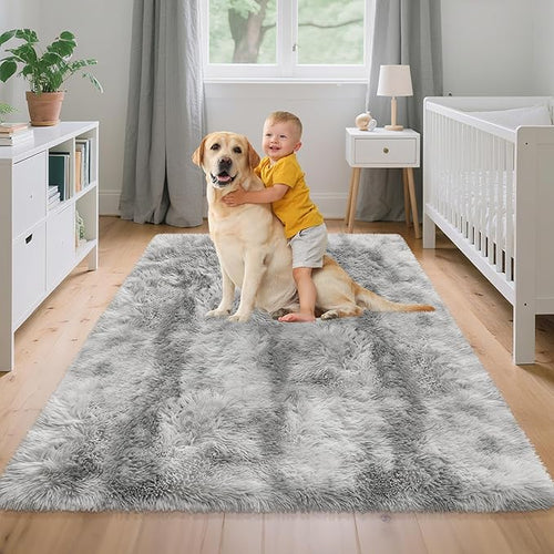 4x6 Ft Light Grey Large Area Rugs for Bedroom,Fluffy Furry Rug Floor Carpets Shaggy Playing Mat for Kids Baby Girls Room Nursery Home Decor Tie Dyed Gray Thick Rugs Fuzzy Home Decor