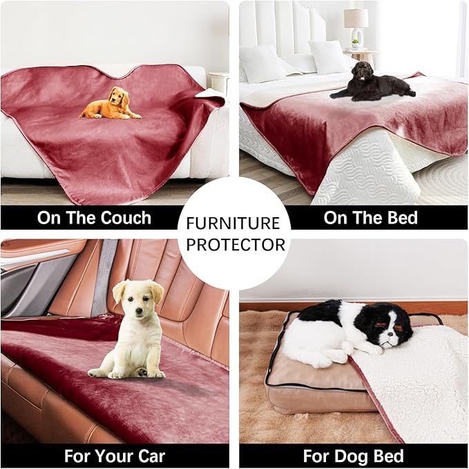 Bigbeer Waterproof Dog Blankets for Large Dogs, Washable Pet Blanket for Indoor Cats, Plush Sherpa Puppy Throw Furniture Protector for Bed Couch Sofa(40"x50",L,Burgundy Red)