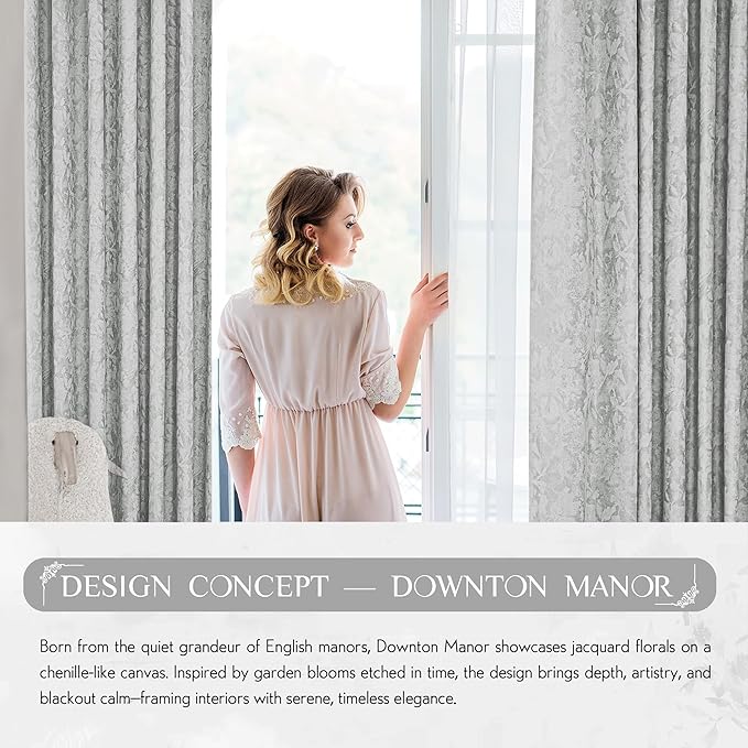 Beauoop Grey Floral Jacquard Blackout Curtains 96 Inches Long 2 Panels for Bedroom Living Room Chenille Flower Room Darkening Thermal Insulated Soundproof Rod Pocket Back Tab Window Drapes, 52x96
