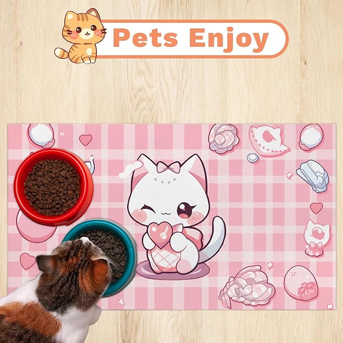 Eizlang Pink Kitten Dog Food Mat,12"x20" Inches Rapid Absorbent Pet Feeding Mat,Pets Placemat Water Bowl Mats with Rubber Backing,No Stains Dog Cat Feeding Mats Indoor,Pet Accessories Supplies