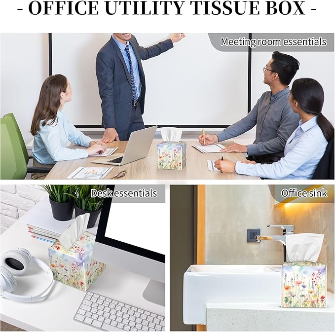 Watercolor Flower Tissue Box Cover Square,Colorful Flowers Tissue Box Holder Waterproof Leather Facial Paper Organizer Dispenser for Bathroom Home Car Nightstand Vanity Desk