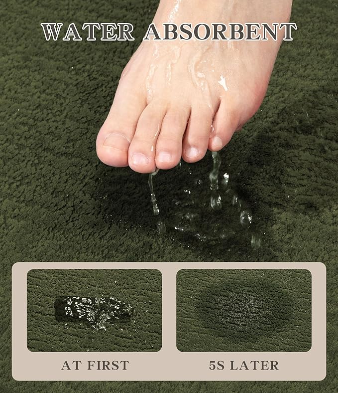 chakme Bathroom Rug Sets 5 Piece, Ultra Thin Bath Mat Quick Dry, Absorbent, Non Slip, Machine Washable, Dark Green, 17" x 24" / 17" x 30" / 17" x 59"