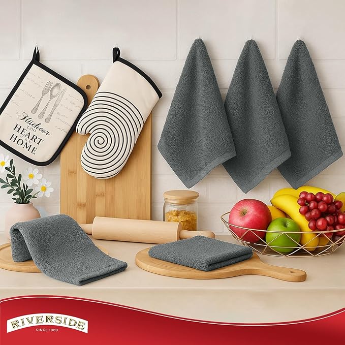 RIVERSIDE Bar Mop Towels Pack of 12, 16x19 Inches, 100% Ring Spun Cotton Terry Cloth Kitchen Towel, Highly Absorbent & Reusable Multipurpose Cleaning Rags for Bathroom, Hotel, Restaurant, Gray