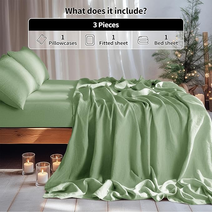 LBRO2M 100% Linen Sheet Set Twin Size,Bed Sheets 3 Piece Sets,Solid Color Natural Flax Bed Sheets Soft Breathable Bedding,16" Deep Pocket,All Season (Twin, Green)