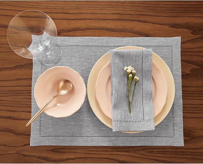 Solino Home Oyster Grey Linen Napkins Set of 4-100% Pure Linen Hemstitch Dinner Napkins 20 x 20 Inch for Spring, Easter - Milan