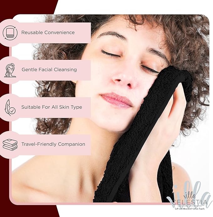 Villa Celestia Black Makeup Remover Towels Set of 4, 100% Soft Cotton Reusable Luxury 4 Pcs Makeup Wipes for Face, Ideal for Salon, Bath, Hotel, Spa, Washcloths for Face Pack of 4 (12"X12")