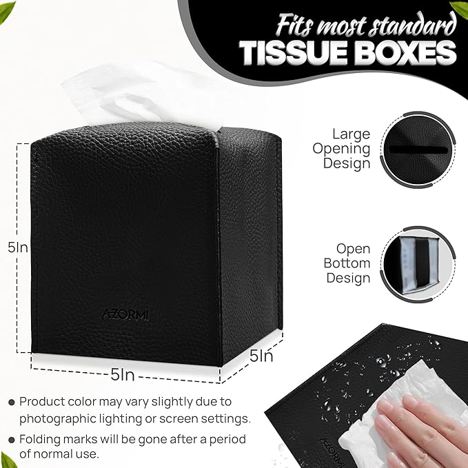 Tissue Box Cover Holder, PU Leather Tissue Box Cover Square with Bottom Belt, Cube Tissue Holder for Bathroom, Modern Organizer for Car, Office, Tabletop (Black, 14 Leather Patterns)