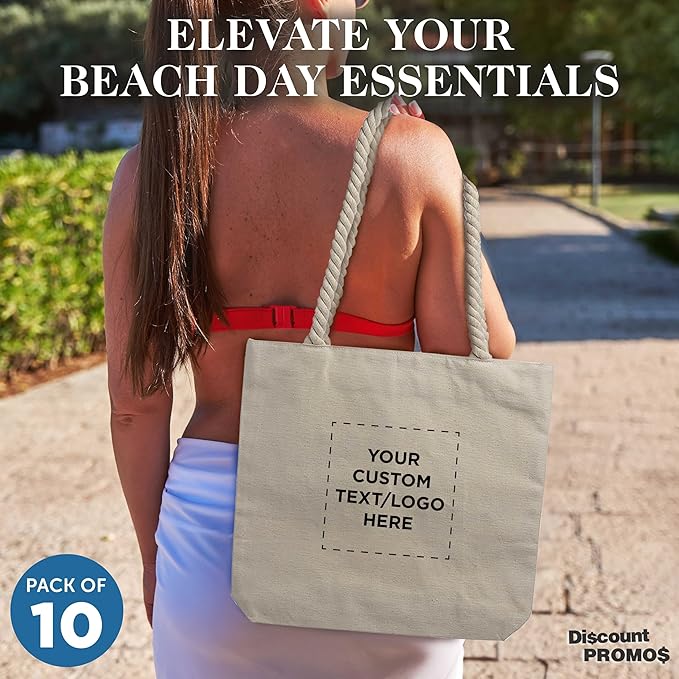 DISCOUNT PROMOS Custom Pristine Cove Canvas Tote with Rope Handles (Set of 10), Personalized Bulk Pack - Beach, Travel, Eco-Friendly - Natural Color, 14.75"X13.5", 12 OZ Cotton, with Zipper