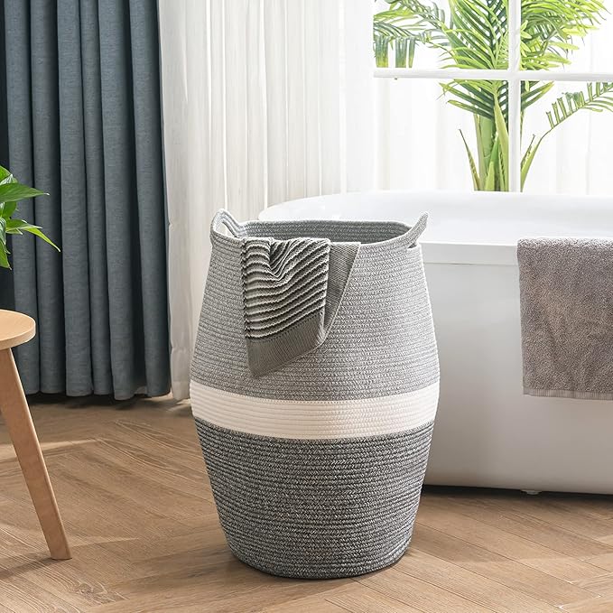 Cotton Rope Laundry Hamper by YOUDENOVA, 105L - Woven Collapsible Laundry Basket - Clothes Storage Basket for Blankets, Laundry Room Organizing, Bedroom Storage, Clothes Hamper – Dark Grey
