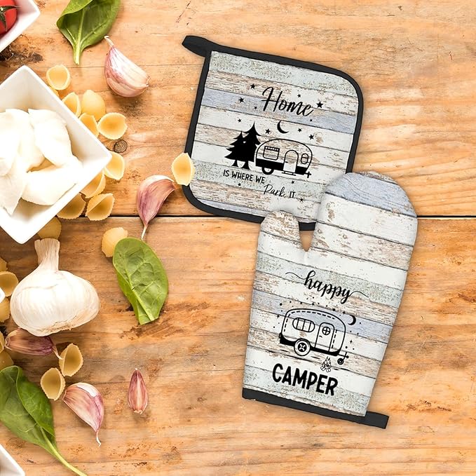 Camping Gifts Oven Mitts and Pot Holders Sets, Happy Camper Gifts Rv Kitchen Accessories Sets, Camping Themed Home is Where We Park It Heat Resistant Oven Glove Potholders for Kitchen Cooking