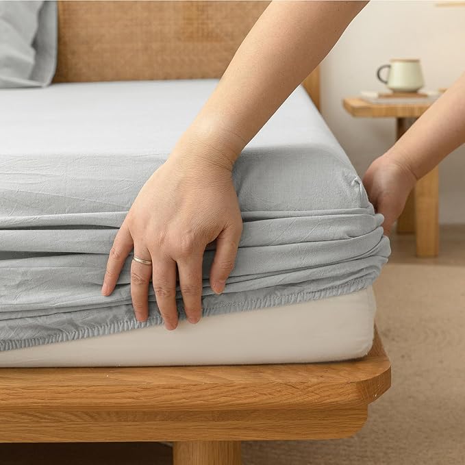 BESTOUCH Sheet Set 100% Washed Cotton Linen Feel Super Soft Comfortable Chic Lightweight 4 Pcs Home Bedding Set Solid Northern Droplet Grey Cal King