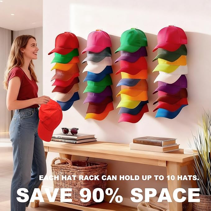 Haiou 2 Pack Hat Organizer for Baseball Caps Strong Adhesive Hat Rack for Wall Multilayer Hat Storage Display Holder Wall Mounted Hat Hooks Hold up to 16 Hats for Closet Door and Bedroom, Multicolor