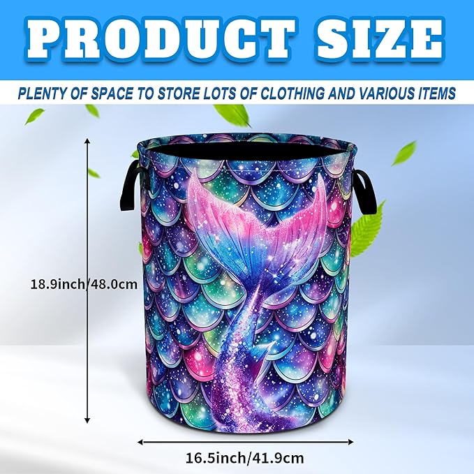 Mermaid Tail Scales Laundry Basket Oxford Cloth Colorful Fish Scales Laundry Hamper With Handle Foldable Portable Clothes Storage Basket 18.9 X 16.5 In Storage Bag For Laundry Room/Bathroom/Bedroom
