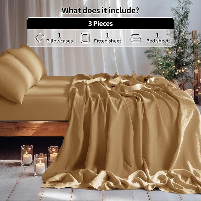 LBRO2M 100% Linen Sheet Set Twin Size,Bed Sheets 3 Piece Sets,Solid Color Natural Flax Bed Sheets Soft Breathable Bedding,16" Deep Pocket,All Season (Twin, Rust)