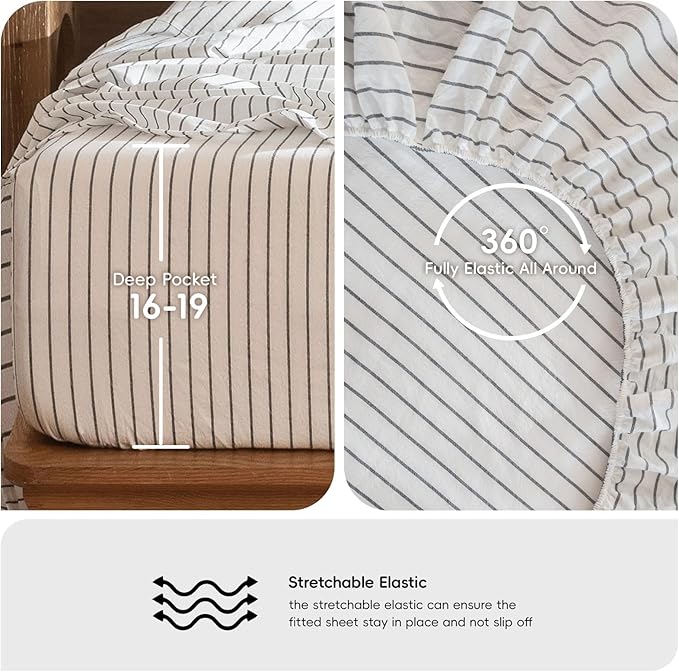 MooMee Striped Sheet Set 100% Washed Cotton Linen Like Textured Breathable Durable Soft Comfy (White Dark Grey Wide Stripes, Twin)