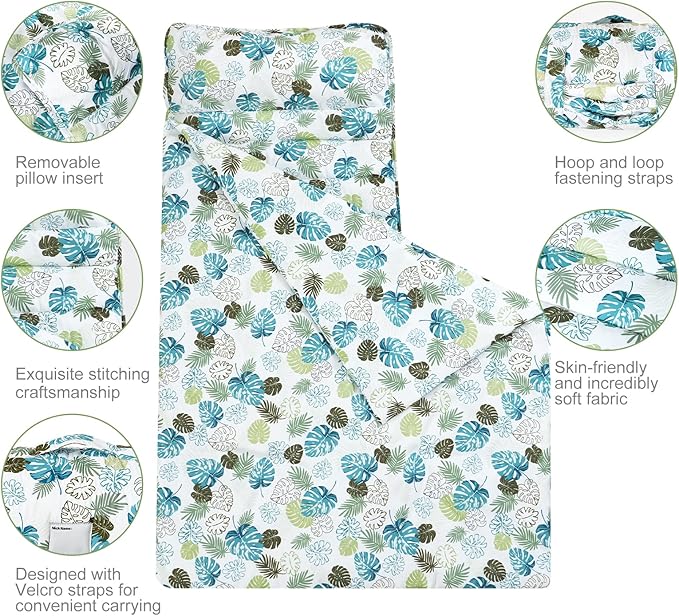 david's kids Toddler Nap Mat Set with Removable Pillow, Ultra Soft Slumber Bags for Boys Girls，Perfect for Preschool, Daycare, Kids Sleeping Bags with Rollup Design, 50"x20", Leaf