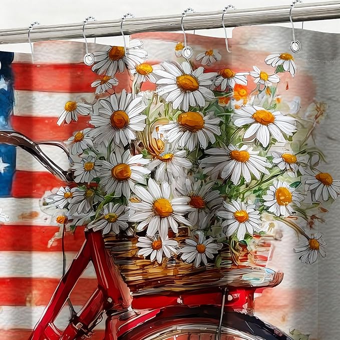 mutakin American Flag Shower Curtain Watercolor Bike Flowers Shower Curtains for Bathroom Waterproof Fabric Bath Curtain Decor with Hooks