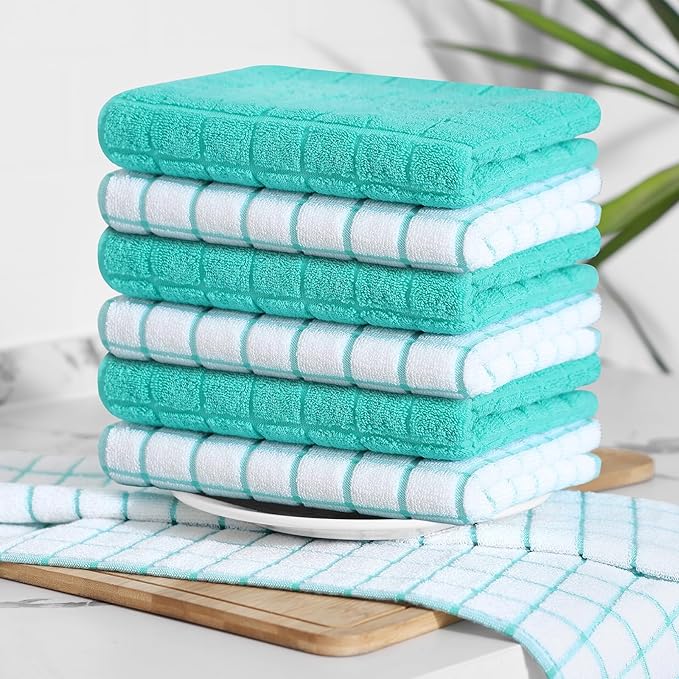 Homaxy Premium Cotton Kitchen Towels 16"x 28", Large Natural Ring Spun 390 GSM Dish Towels, Super Absorbent Terry Kitchen Hand Towels, Soft Tea Towels with Hanging Loop, Aqua Check Design, 8 Pack