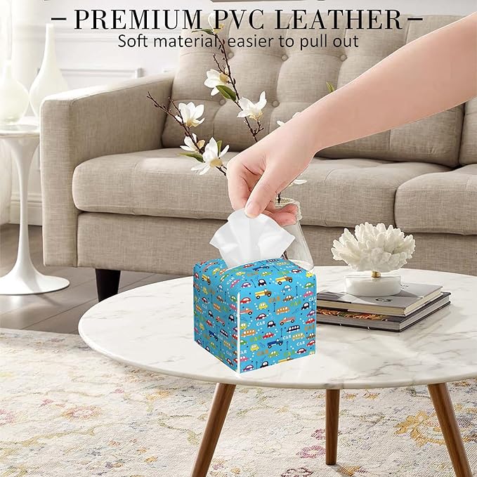 POIUBLE Leather Tissue Box Holder Cartoon Buses, Trucks and Cars Tissue Box Cover Square Waterproof Tissue Holder Organizer Modern Napkin Holder for Bedroom Dresser Night Stand Office Desk
