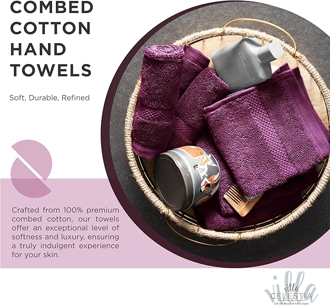 Villa Celestia 100% Cotton Hand Towel Set of 2, (16 x 28 inches) Sustainable, Soft, Highly Absorbent, Quick Drying, Combed Cotton Hand Towels Pack of 2 Ideal for Hotels, Spa, Bathroom, Dorm, Burgandy