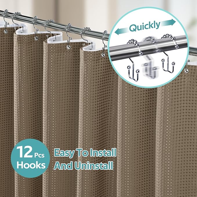 Vipfree 3 in 1 Shower Curtain Set, Waffle Shower Curtain and Liner Set with 12 Double Sided Shower Curtain Hooks, 258GSM Luxury Weighted Cloth Shower Curtains for Bathroom, 72 W x 84 H, Beige