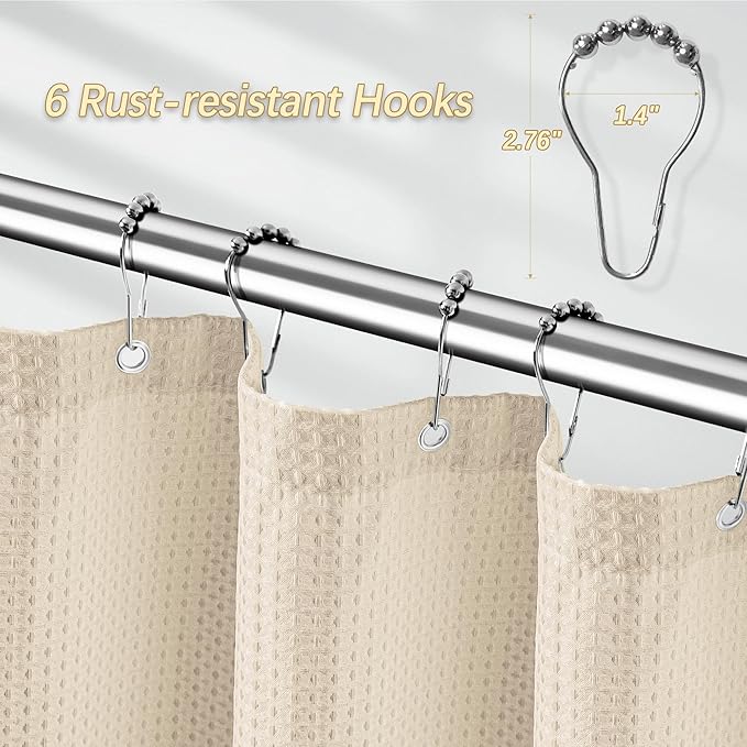 PANGSINNE Beige Fabric Shower Curtain - Waffle Textured Heavy Duty Shower Curtains for Bathroom, 256GSM Hotel Spa Luxury Weighted Bath Curtain with 6 Hooks, 36x72, Beige
