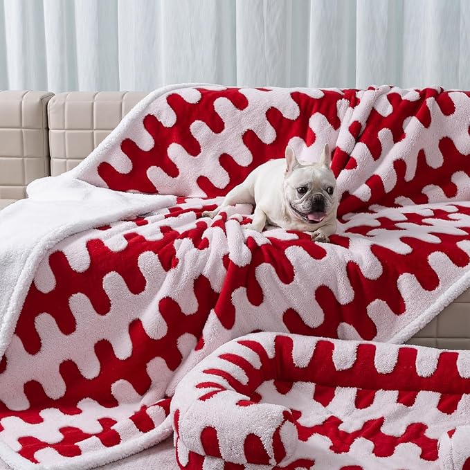 Maidewow Waterproof Pet Blanket,Red Dog Throw Blankets for Bed Covers Couch Sofa Stylish Jacquard Pets Mats of Puppy Cats Washable Reversible Furniture Protection Covers (Red Wave,M)