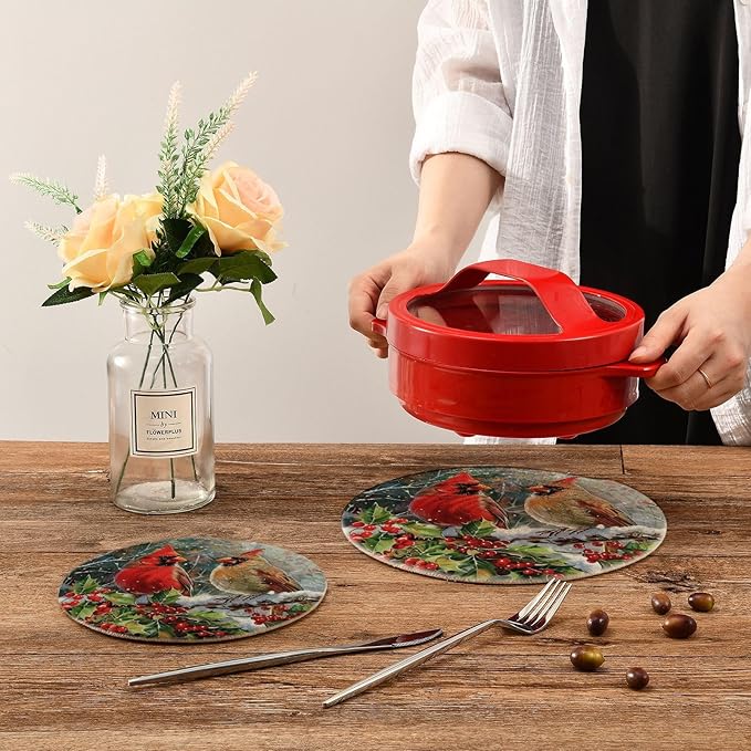 Boccsty Winter Two Cardinal Trivet Mat 2PCS Red Birds Round Woven Potholders Kitchen Table Countertop Protector Hot Pads Farmhouse Cooking