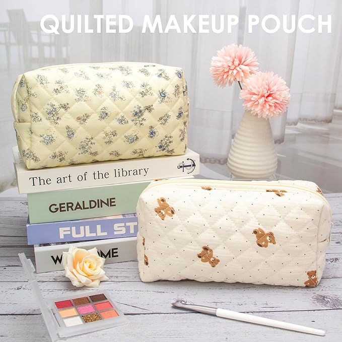PAZIMIIK 6PCS Vintage Quilted Makeup Bag SET Cosmetic Pouch for Brushes Pencils and Travel Make Up Accessories for Women and Girls Bear Beige