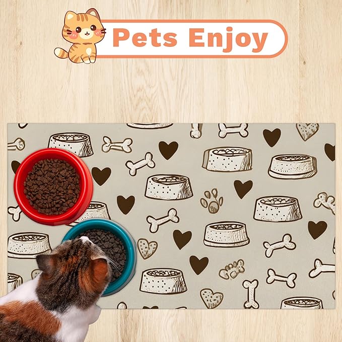 Eizlang Dog Cat Food Mat,12"x20" Inches Rapid Absorbent Pet Feeding Mat,Pets Placemat Water Bowl Mats with Rubber Backing,No Stains Cat Dog Feeding Mats Indoor,Pet Accessories Supplies,Brown Dogs Paw
