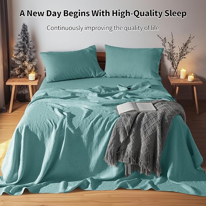 LBRO2M 100% Linen Sheet Set Twin Size,Bed Sheets 3 Piece Sets,Solid Color Natural Flax Bed Sheets Soft Breathable Bedding,16" Deep Pocket,All Season (Twin, Aqua)