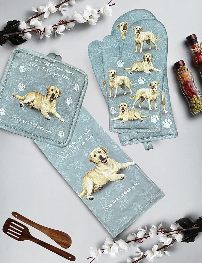 Yellow Labrador 3-Piece Kitchen Set - Oven Mitt, Pot Holder & Kitchen Towel Set, Heat Resistant up to 420 F, Soft Quilted Cotton for Cooking, Baking, BBQ, Pet Lover Gift (Labrador Yellow)